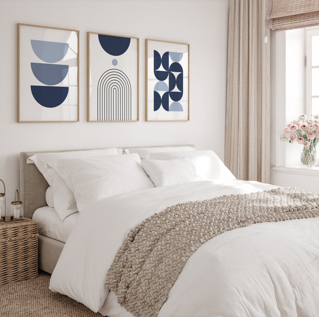 Blue Wall Art Prints, Mid Century Modern Decor, Set of 3 Navy Boho