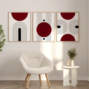 Set of 3 Mid Century Modern Wall Art Prints in Dark Burgundy Red, Large 3 Piece Wall Art, Triptych Posters and Prints, Scandinavian Prints image 5