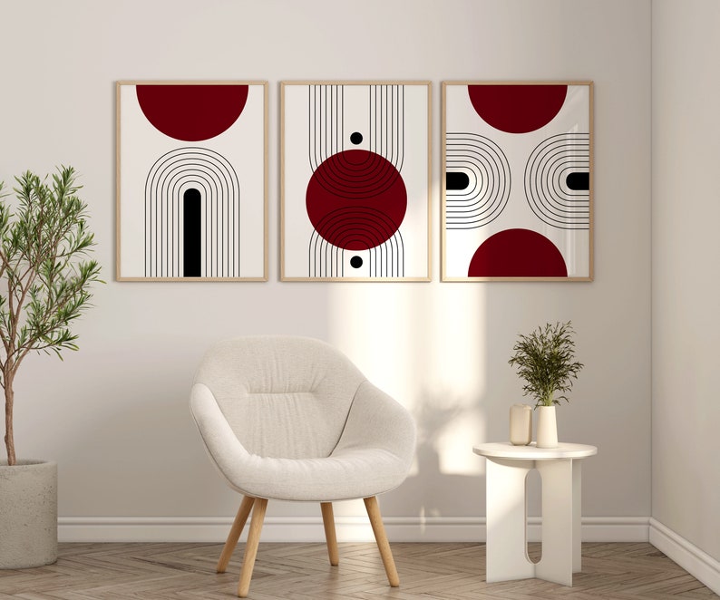 Set of 3 Mid Century Modern Wall Art Prints in Dark Burgundy Red, Large 3 Piece Wall Art, Triptych Posters and Prints, Scandinavian Prints image 5