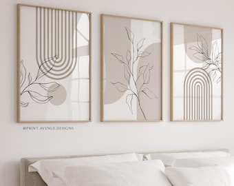 Beige Botanical Wall Art Set of 3, Neutral Abstract Prints, Minimalist Posters