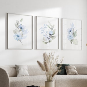 Set of 3 Flower Prints, 3 Piece Floral Wall Art in Blue and Green ...