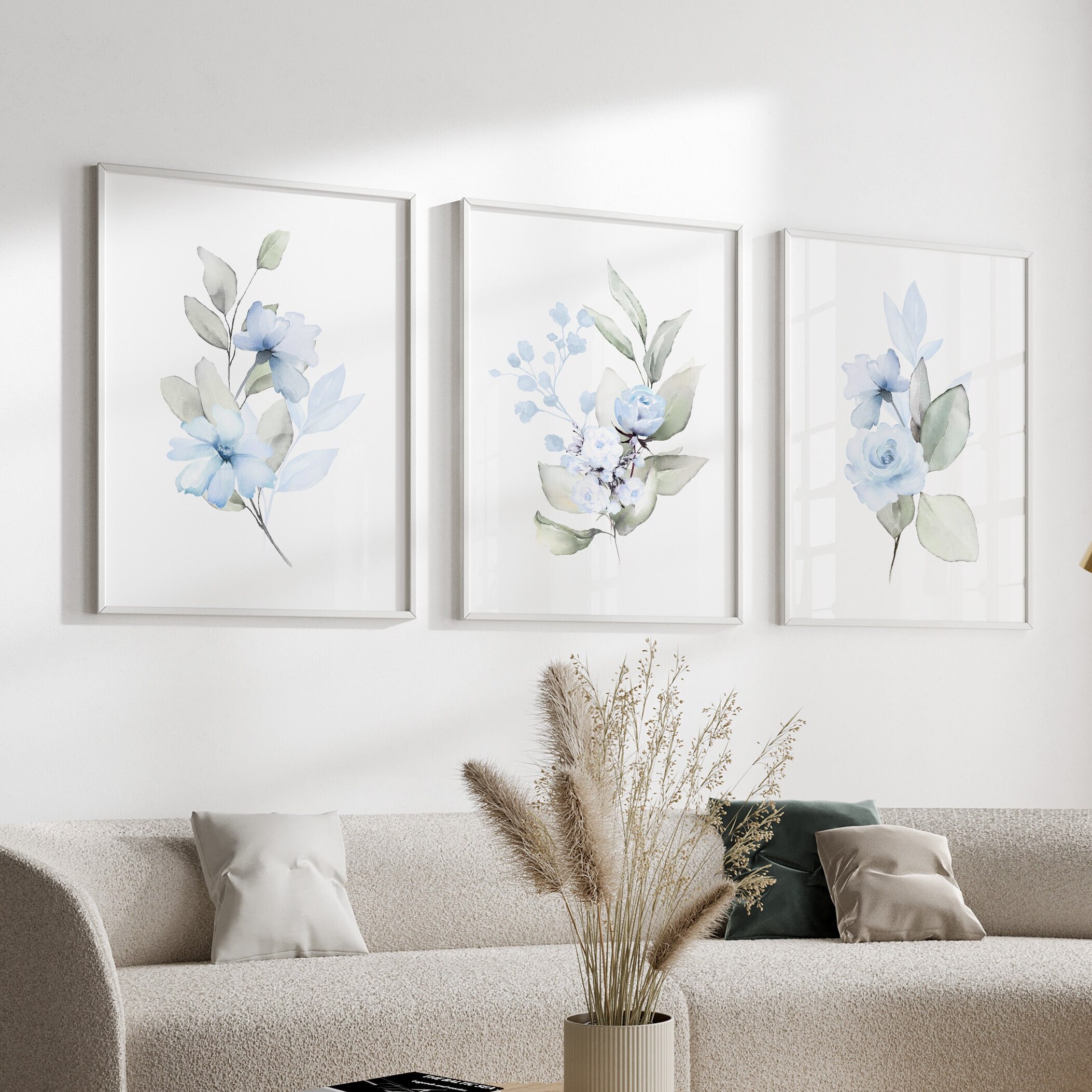 Set of 3 Flower Prints, 3 Piece Floral Wall Art in Blue and Green ...