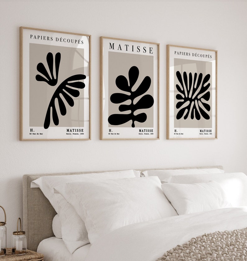 Lot de 3 estampes Matisse, oeuvre d'art murale moderne du milieu du siècle, art mural triptyque neutre, ensemble d'affiches d'exposition, 3 pièces art abstrait déco d'appartement image 1
