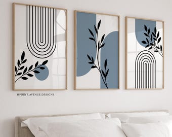 Botanical Wall Art Set of 3, Mid Century Modern Prints, Blue Minimalist Wall Decor, Abstract Geometric Wall Art, Bedroom Decor