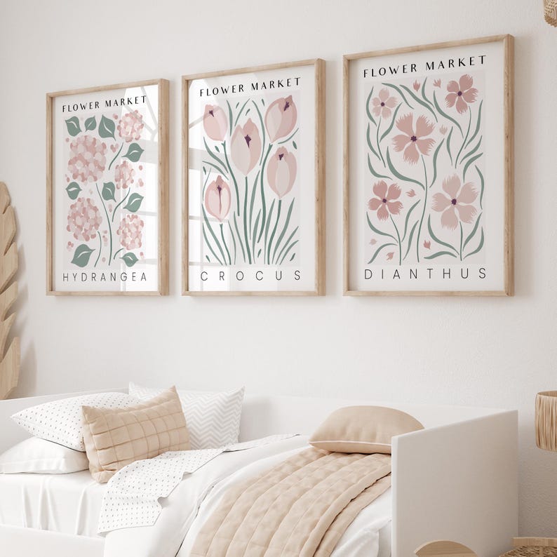 Flower Market Prints in Dusty Pink, Set of 3 Botanical Wall Art Posters ...