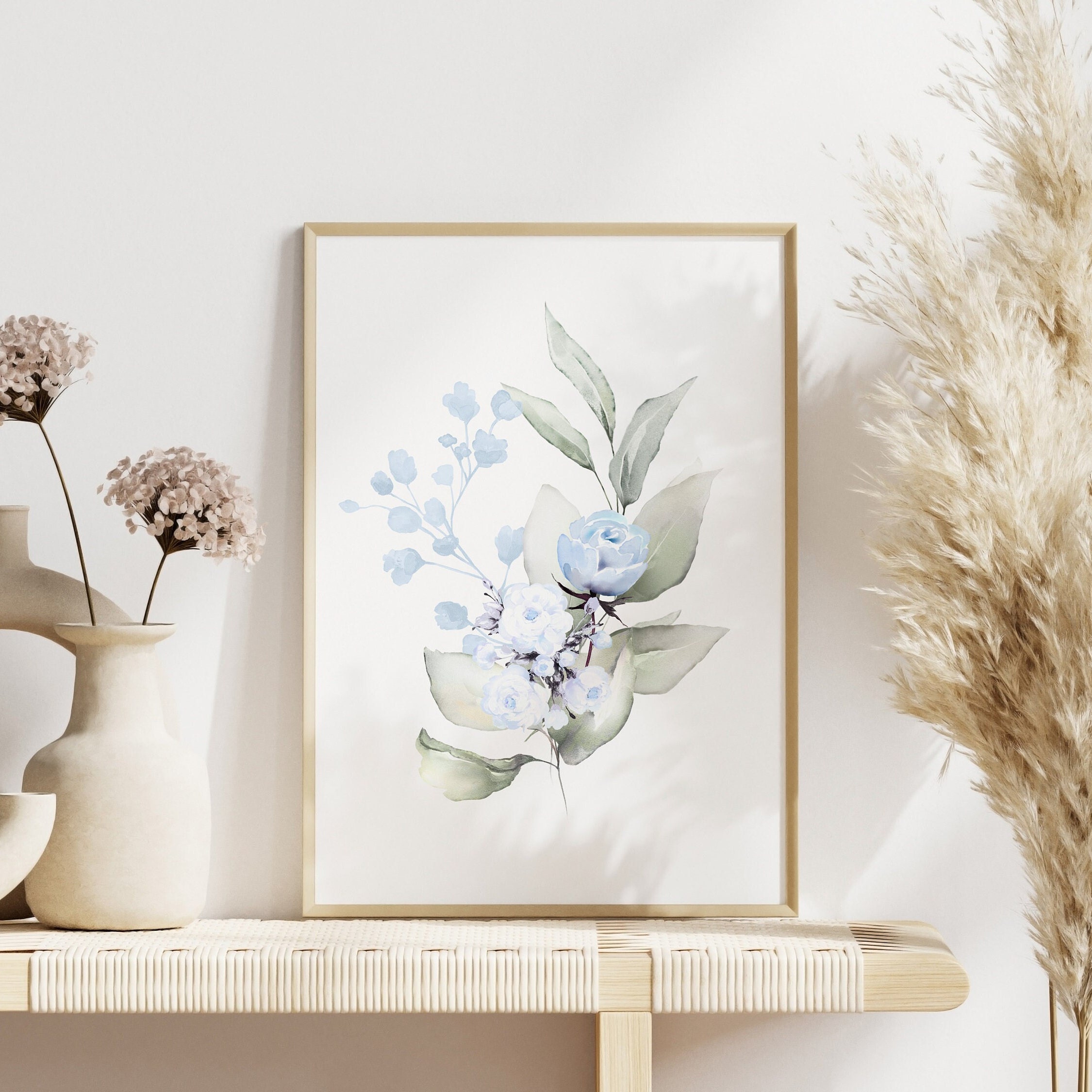 Set of 3 Flower Prints, 3 Piece Floral Wall Art in Blue and Green ...