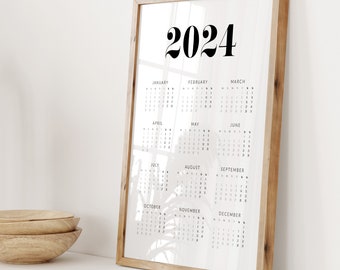 2024 Calendar, Minimalist Modern Yearly Wall Calendar in Black & White, 2024 Planner, Contemporary Home, Office or Apartment Decor