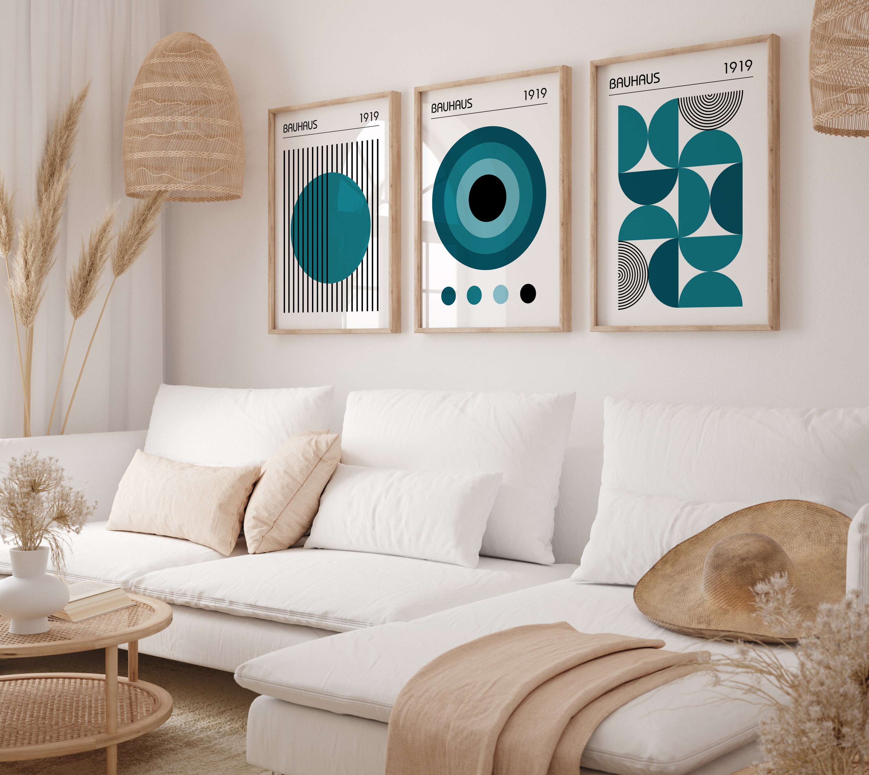 Bauhaus Poster Set of 3, Mid Century Modern Art Prints in Teal Blue ...