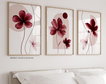 Burgundy Floral Wall Art Set of 3, Blush Pink Botanical Prints, Abstract Flower Posters