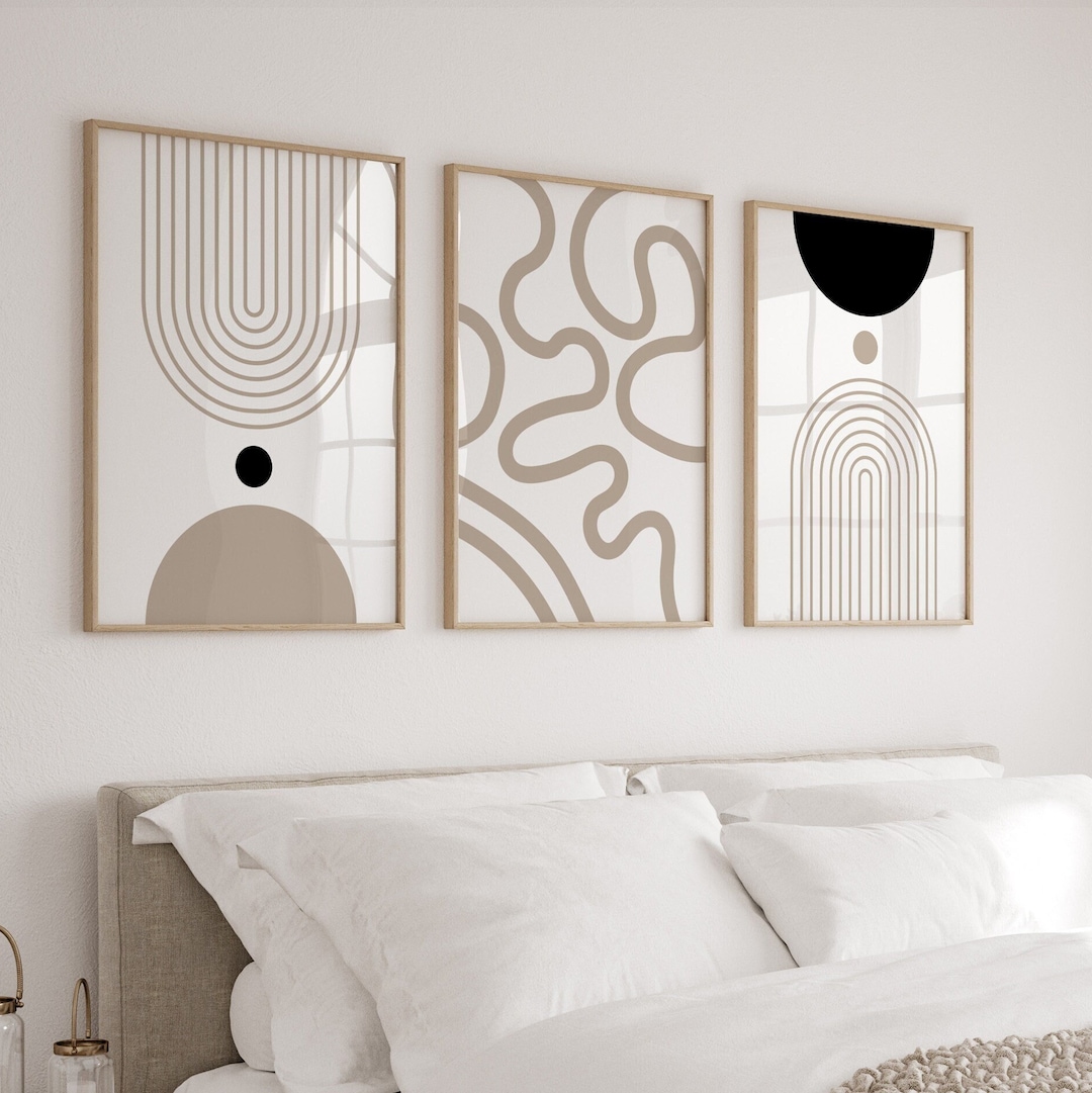 Set of 3 Mid Century Wall Art, 3 Panel Wall Art in Beige and Black ...