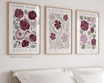 Burgundy Wall Art Set of 3 | Botanical Prints | Mid Century Modern Wall Decor Posters | Fall Art