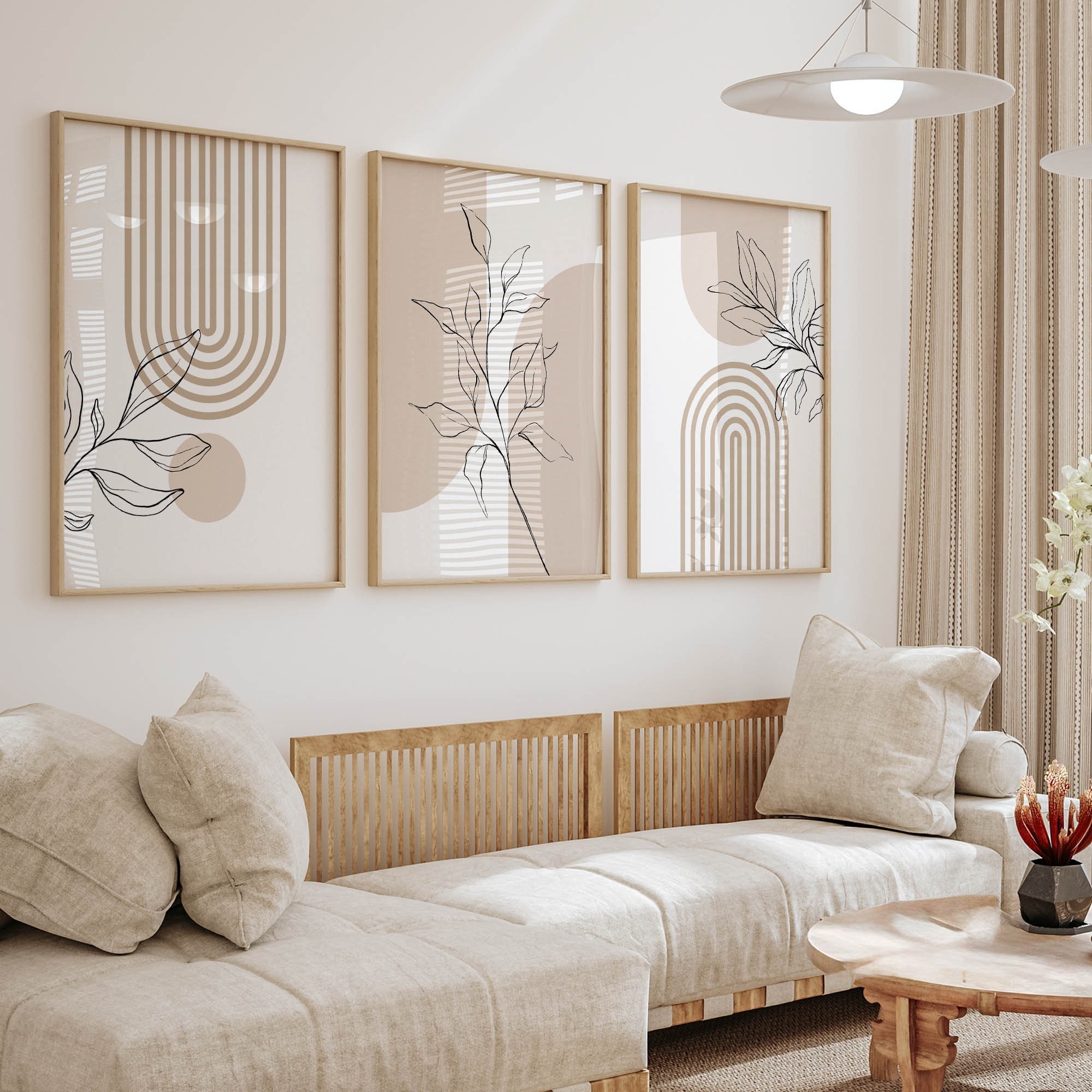 Neutral Wall Art Prints for Modern Minimalist Home Decor, Boho Botanical Posters Set of 3, Japandi Beige Living Room Bedroom Office Triptych