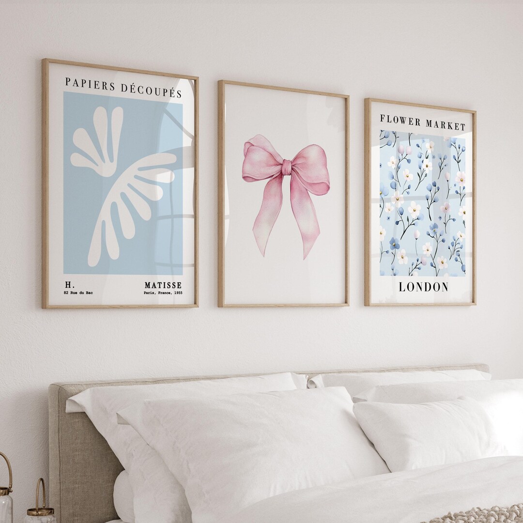 Trendy Pink & Blue Wall Art Posters, Set of 3 Girly Prints, Bow Matisse ...