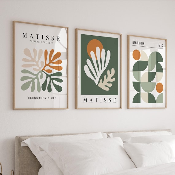 Set of 3 Trendy Wall Art Posters, Autumn Art Prints, Fall Home Decor, Sage Green and Orange, Matisse, Bauhaus, Mid Century Modern Bedroom