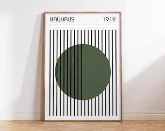 Bauhaus Poster In Sage Green, Mid Century Modern Art, Dark Olive Green Wall Art, Retro Poster Art, Apartment Decor, Living Room Artwork