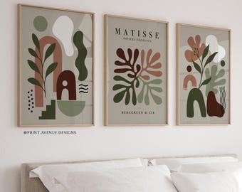 Mid Century Modern Wall Art  - Set of 3 Matisse Abstract Botanical Prints | Sage Green and Brown Wall Decor