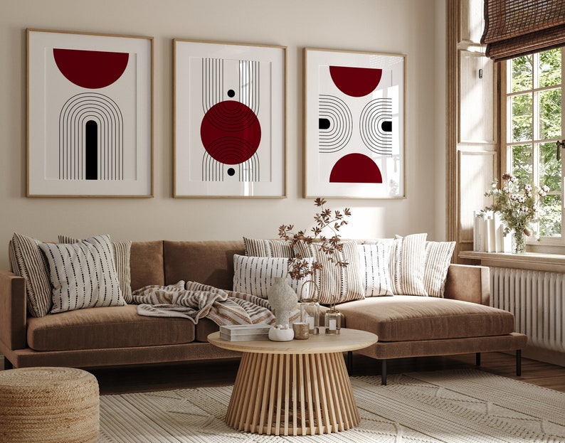 Set of 3 Mid Century Modern Wall Art Prints in Dark Burgundy Red, Large 3 Piece Wall Art, Triptych Posters and Prints, Scandinavian Prints image 1