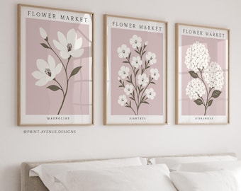 Flower Market Prints Set of 3, Pink Floral Wall Art, Botanical Gallery Wall Decor