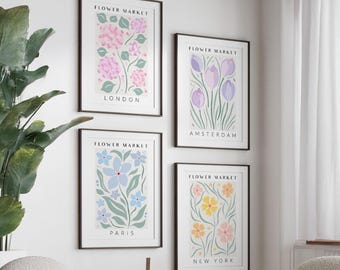 Set of 4 Flower Market Wall Art Prints, Personalised Travel Posters, Pastel Dorm Room, Girly College Apartment Coquette Room Decor Pink Blue