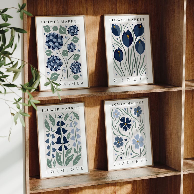Framed Flower Market Art Prints in Navy Blue, Set of 4 Botanical Wall ...