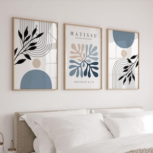 Set of 3 Matisse Wall Art Botanical Prints in Blue and Beige, Modern Posters for Living Room, Bedroom, or Office Décor, Trendy Triptych Art