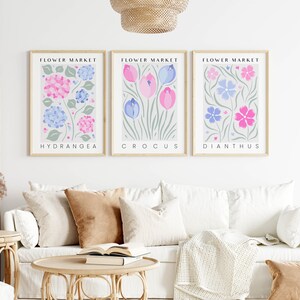 Flower Market Prints in Pink & Blue, Set of 3 Botanical Posters, Preppy ...