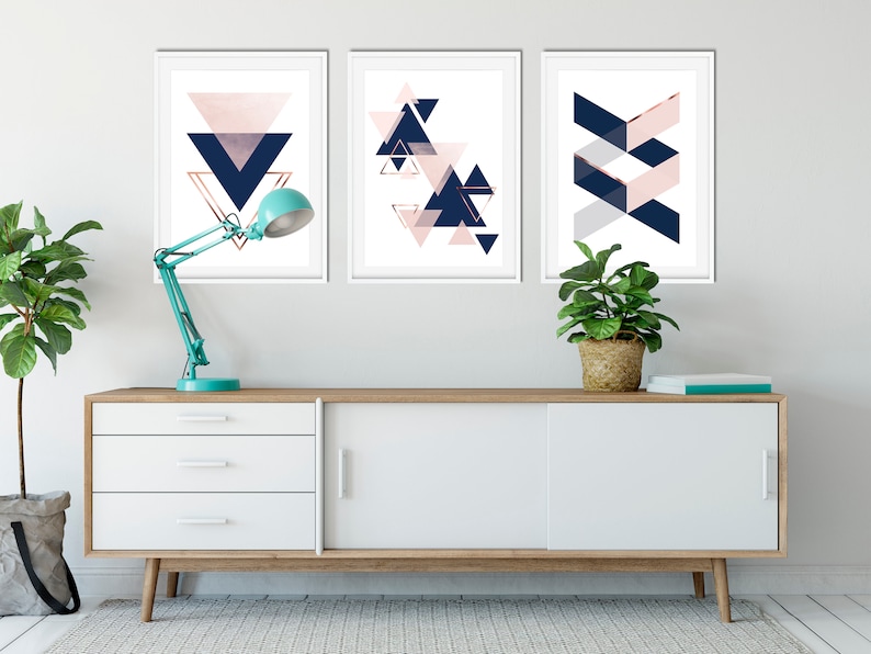Set of 3 Geometric Art Prints Living Room Art Blush Pink & Etsy