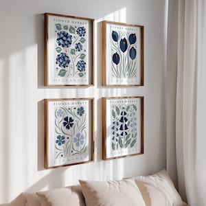 Set of 4 Flower Market Art Prints in Navy Blue, Boho Living Room Posters, Gallery Wall Art, Vintage Retro Botanical Artwork for Bedroom