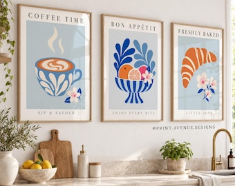 Kitchen Wall Art Set of 3, Coffee & Croissant Prints, Bon Appetit Poster, Cafe Dining Room Decor