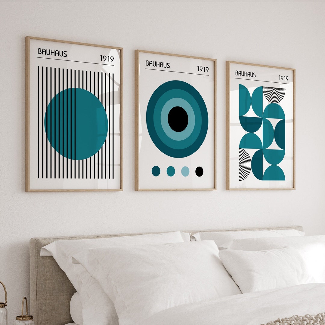Bauhaus Poster Set of 3, Mid Century Modern Art Prints in Teal Blue ...