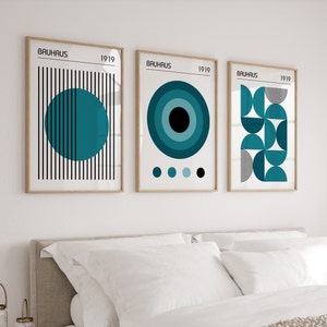 Set di 3 poster Bauhaus, stampe d'arte moderna di metà secolo in blu verde acqua, trittico colorato, arte murale per soggiorno in 3 pezzi, regalo per la casa
