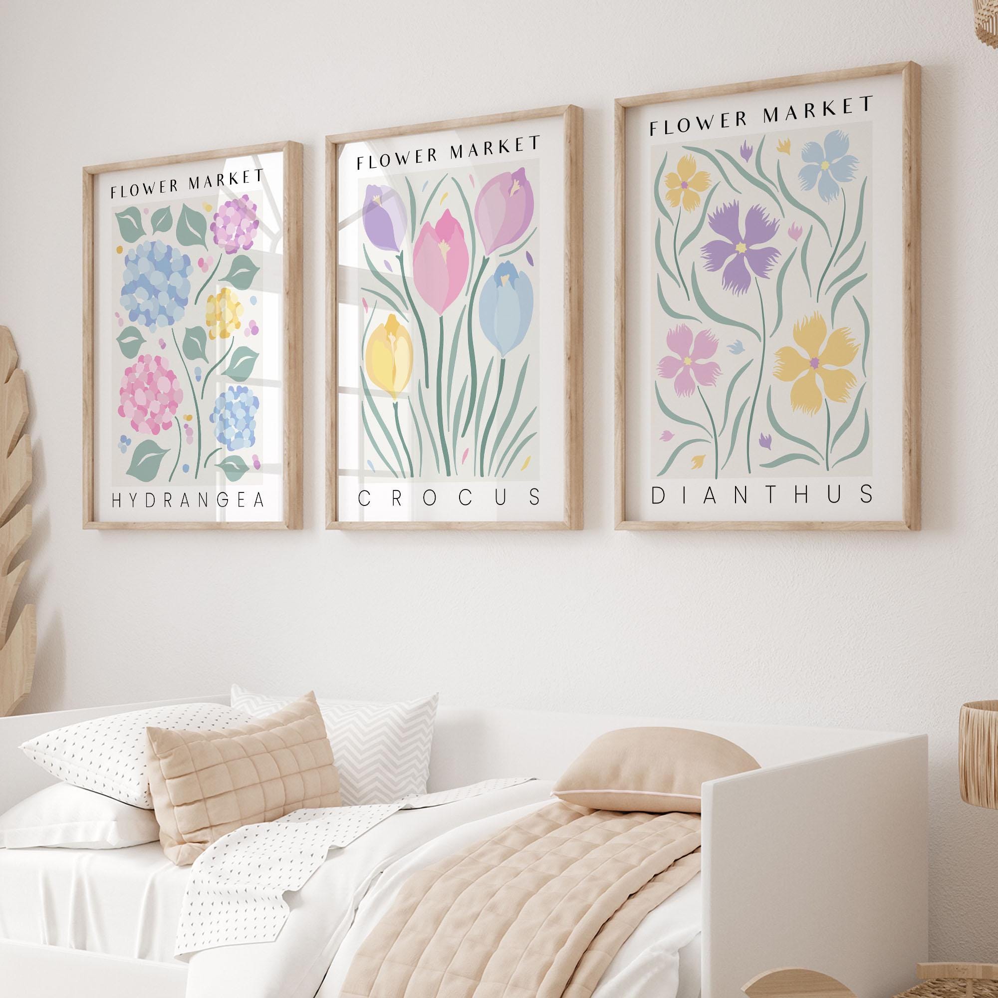 Set of 3 Pastel Flower Market Prints, Colorful Botanical Wall Art ...