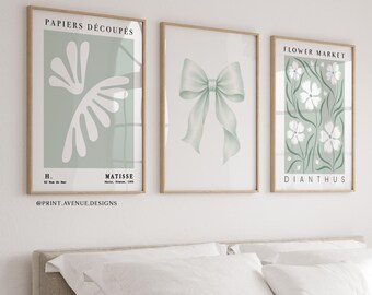 Set of 3 Floral Bow Wall Art Prints, Botanical Matisse Posters, Flower Market Prints, Coquette Art for Girl's Room, Dorm Room or Nursery