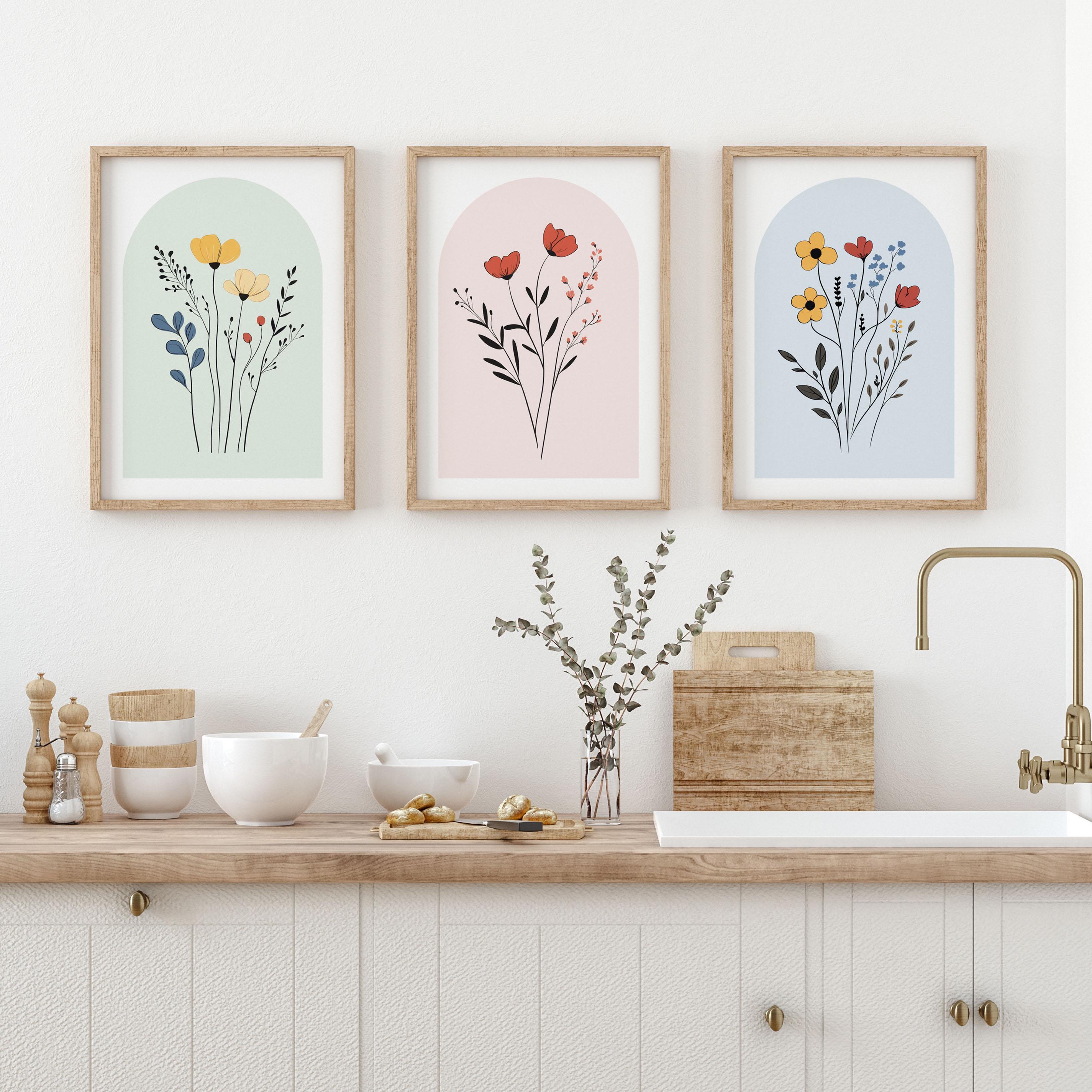 Set of 3 Modern Flower Wall Art Prints, Minimalist Boho Posters ...