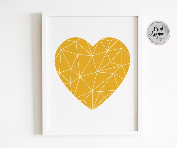 Monochrome Heart Shape Love Mustard Scandinavian Framed Home Print Poster