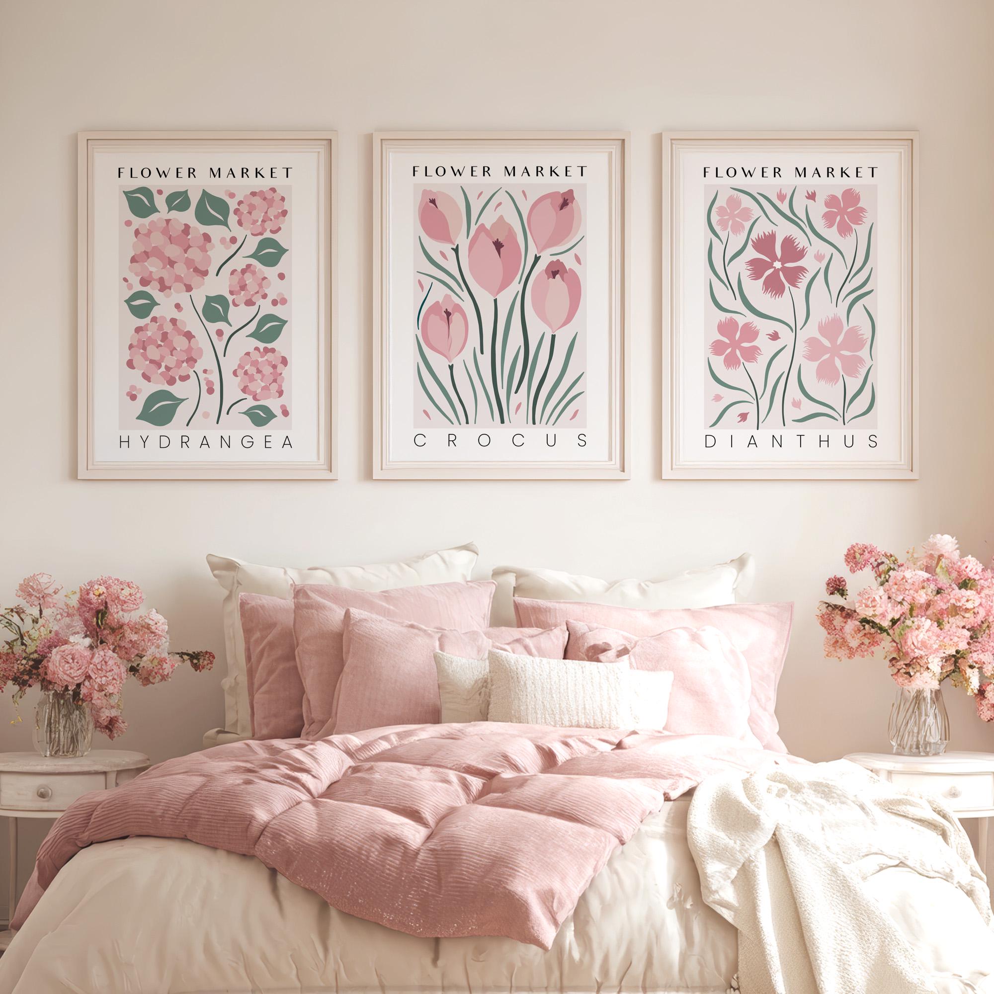 Set of 3 Flower Market Prints, 3 Piece Dusty Pink Wall Art, Botanical ...