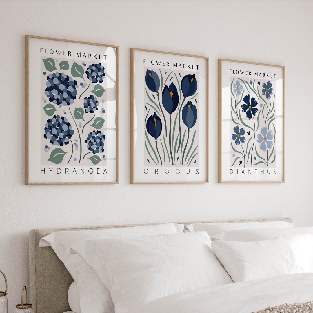 Flower Market Prints in Navy Blue, Set of 3 Botanical Wall Art Prints ...