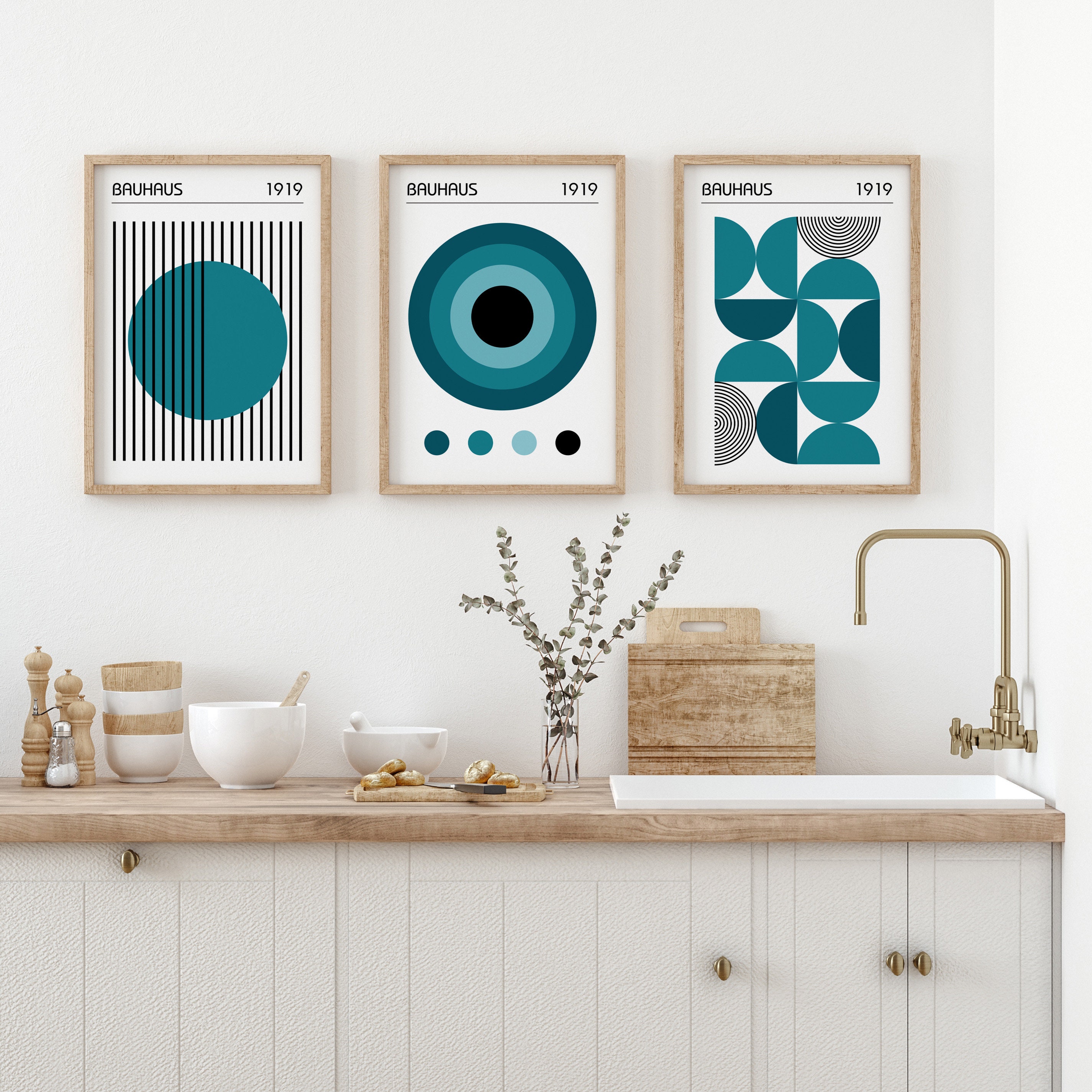 Bauhaus Poster Set of 3, Mid Century Modern Art Prints in Teal Blue ...