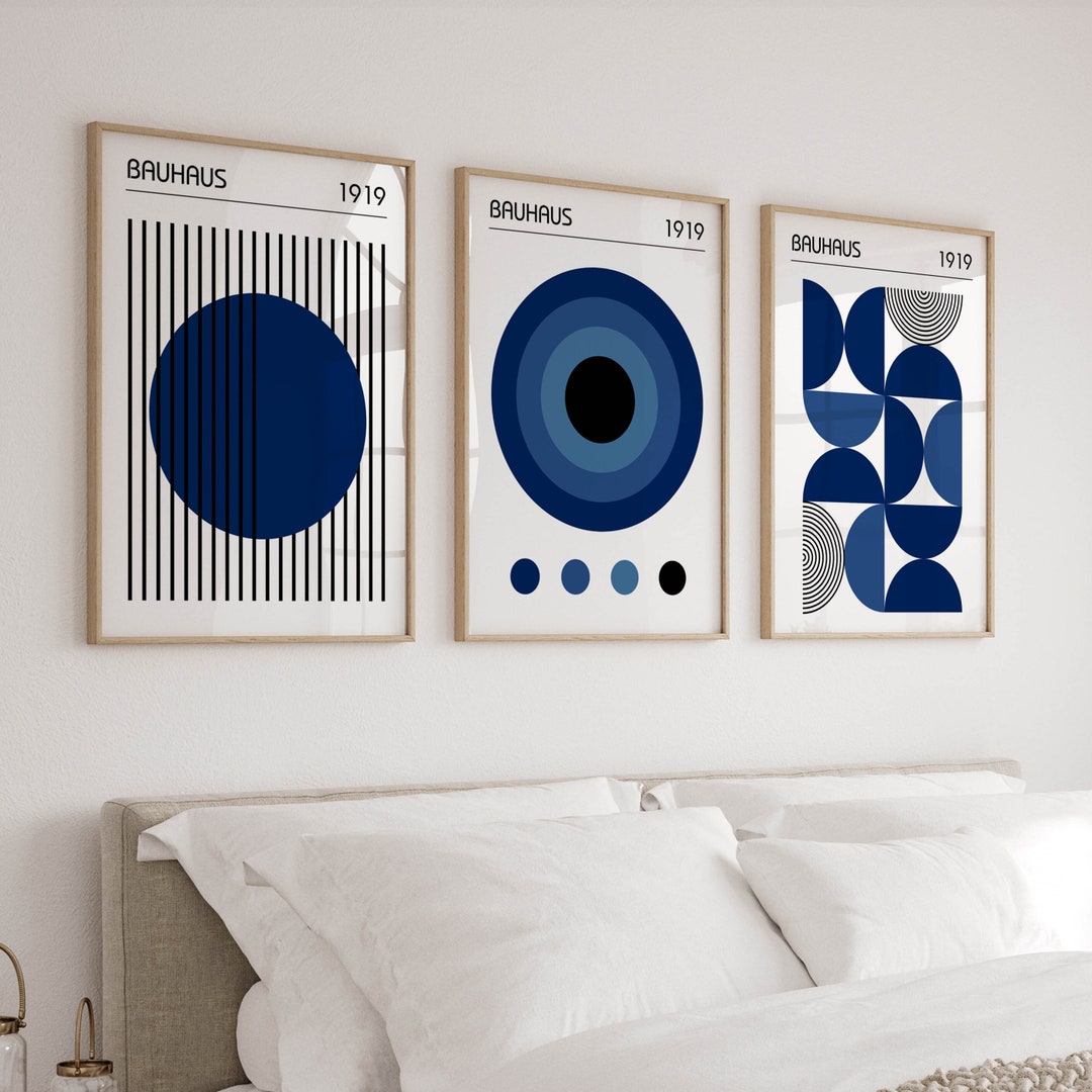 Navy Blue Bauhaus Wall Art Prints, Set of 3 Posters and Prints, Mid ...