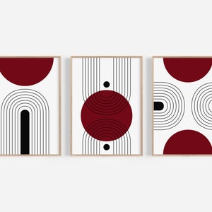 Set of 3 Mid Century Modern Wall Art Prints in Dark Burgundy Red, Large 3 Piece Wall Art, Triptych Posters and Prints, Scandinavian Prints image 3