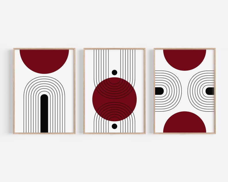 Set of 3 Mid Century Modern Wall Art Prints in Dark Burgundy Red, Large 3 Piece Wall Art, Triptych Posters and Prints, Scandinavian Prints image 3