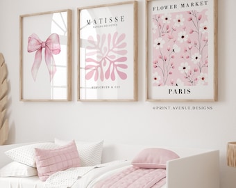 Pink Floral Wall Art Set of 3, Bow Print, Flower Market Prints, Feminine Girls Bedroom Dorm Decor