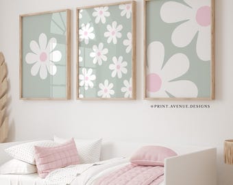 Sage Green Daisy Wall Art Set of 3 Floral Prints | Girls Bedroom Decor, Nursery Wall Art, Teen Room, Dorm Room Decor