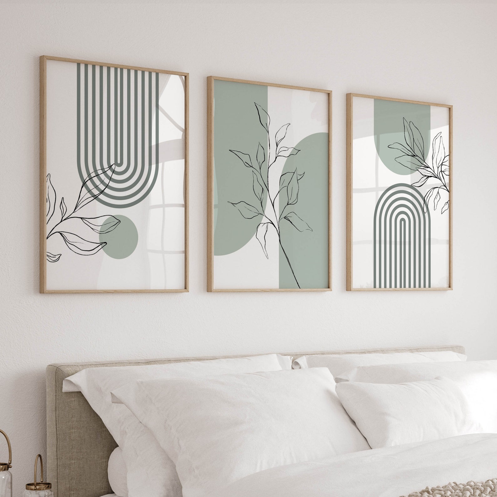 Triptych Wall Art Prints - Set of 3 Sage Green Botanical Posters ...