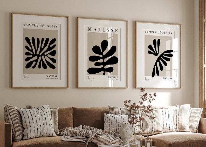 Lot de 3 estampes Matisse, oeuvre d'art murale moderne du milieu du siècle, art mural triptyque neutre, ensemble d'affiches d'exposition, 3 pièces art abstrait déco d'appartement image 4