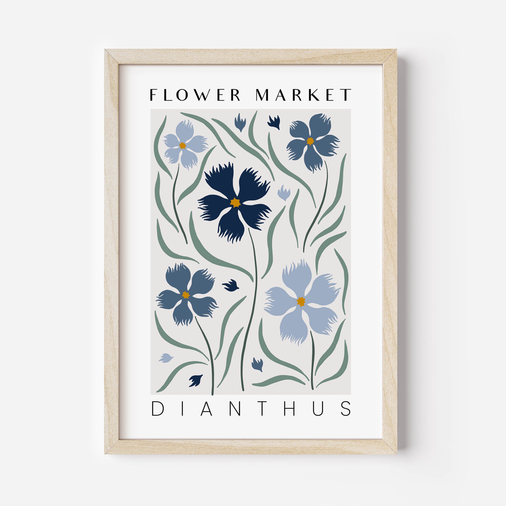 Framed Flower Market Art Prints in Navy Blue, Set of 4 Botanical Wall ...