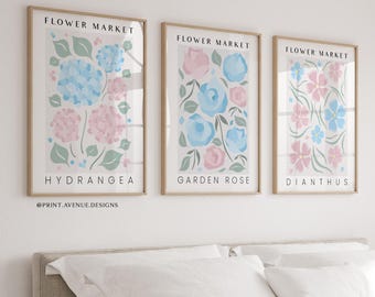 Blue Blush Flower Market Prints Set of 3, Cottagecore Wall Art, Dorm Room Decor, Botanical Wall Decor, Floral Posters