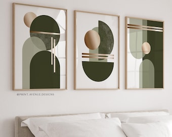 Mid Century Modern Wall Art | Set of 3 Olive Green Abstract Prints | Geometric Japandi Wall Decor Posters