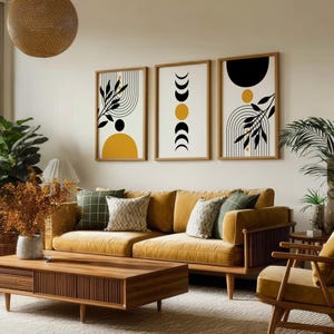 Set of 3 Boho Wall Art, 3 Panel Mid Century Wall Art in Mustard Yellow ...