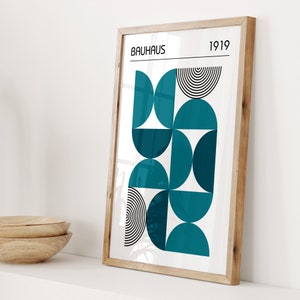 Teal Blue Bauhaus Poster, Mid Century Modern Wall Art Print, Large Bedroom Living Room Artwork, Colorful Apartment Decor, Gift for the Home